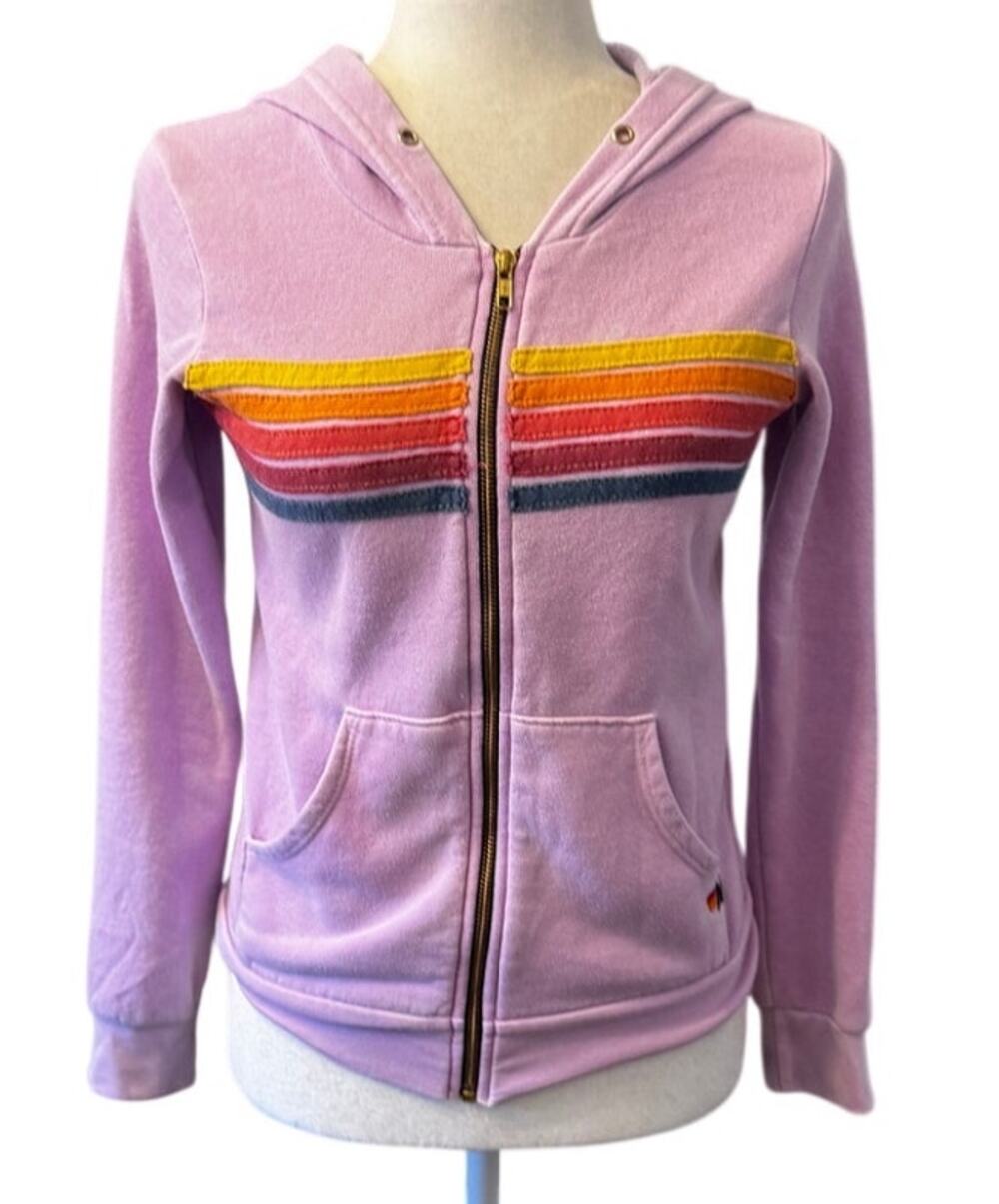 Aviator Nation Rainbow Stripe Zip Hoodie Sweatshirt Lavender Girls 12 USA